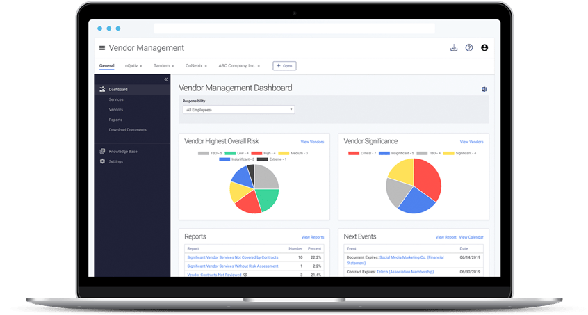 Screenshot of the Tandem Vendor Management software showing a vendor oversight dashboard with risk and significance levels.